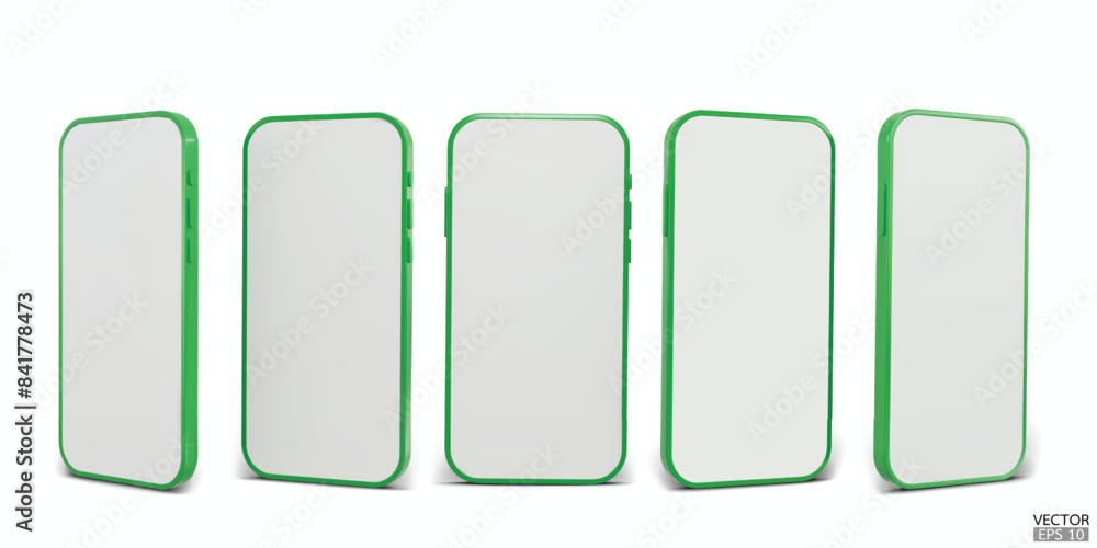 3D green smartphone mockup with white screen. Green mobile phone isolated on white background. 3d vector illustration. 3D green smartphone mockup with white screen. Green mobile phone isolated on white background. 3d vector illustration.