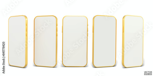 3D gold smartphone mockup with white screen. Golden mobile phone isolated on white background. 3d vector illustration.