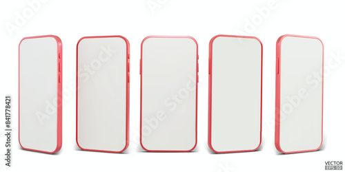 3D red smartphone mockup with white screen. Red mobile phone isolated on white background. 3d vector illustration.