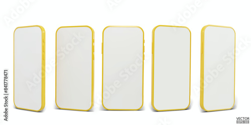 3D yellow smartphone mockup with white screen. Yellow mobile phone isolated on white background. 3d vector illustration.
