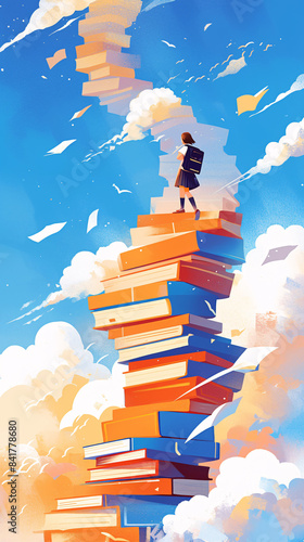 A student walks up a staircase paved with books to change the concept of destiny illustration
