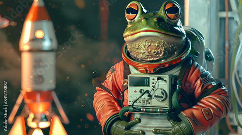 a frog dressed in a space suit and standing in front of a rocket  photo