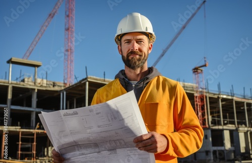 Construction Worker Reviewing Blueprints at a Building Site