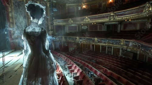 A transparent figure of a woman in Victorian dress haunting an old theater