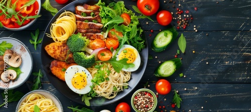 Delicious and Diverse Dinner Plates With Pasta, Fish, Eggs, and Salad on Wooden Table