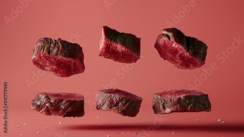 Six pieces of raw steak meat levitating against a pink background, highlighting freshness and quality for culinary presentations and advertisements. photo