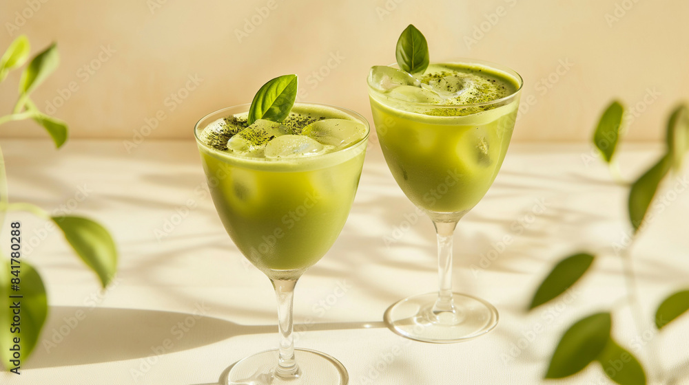 Two glasses of iced matcha green tea with basil leaves and ice cubes, surrounded by green foliage Two glasses of iced matcha green tea with basil leaves and ice cubes, surrounded by green foliage