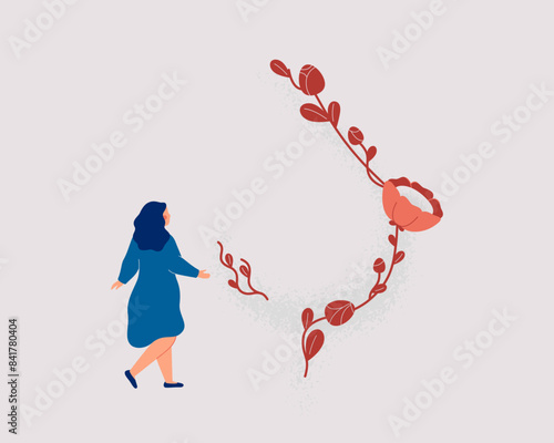 Breast cancer screening concept with woman and big floral silhouette of breast. Early detection and Preventive care of oncology female illness. Vector illustration