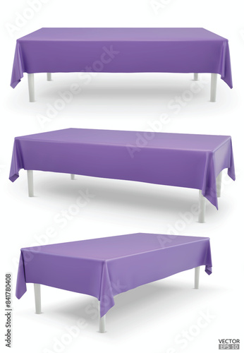 Set of realistic Rectangular table with light purple Tablecloth isolated on white Background.  Empty cloth table. Silk table clothes. Meeting room table clothes. 3D vector illustration.