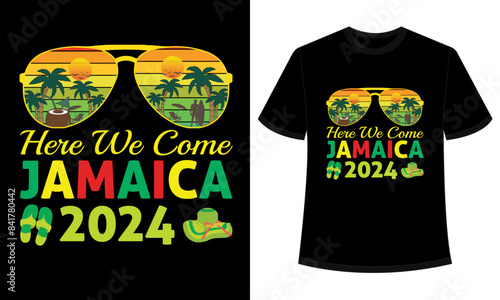 Here we come Jamaica Summer T-shirt Design, Sea Beach, Surf Paradise, 
typography retro vintage sunglasses trendy t-shirt design, and 100% vector 
illustration graphic template.