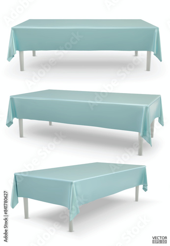 Set of realistic Rectangular table with light Green Tablecloth isolated on white Background.  Empty cloth table. Silk table clothes. Meeting room table clothes. 3D vector illustration.