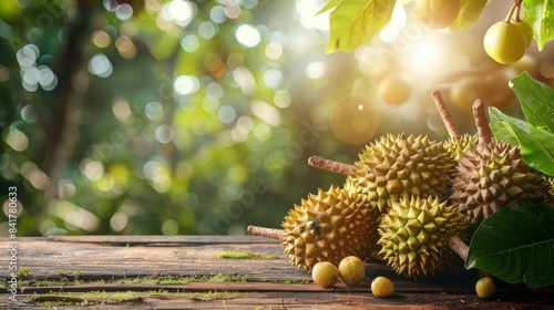 A bunch of durians are on a wooden table. The durians are yellow and have a spiky appearance. The table is surrounded by green leaves and branches