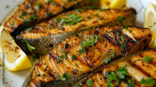 Fototapeta Naklejka Na Ścianę i Meble -  A close-up of succulent grilled fish fillets, seasoned with herbs and spices, served on a white plate with lemon wedges.