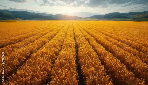 Golden wheat field under a sunny sky with mountains in the background. Agricultural landscape of ripened grain ready for harvest in rural setting. photo