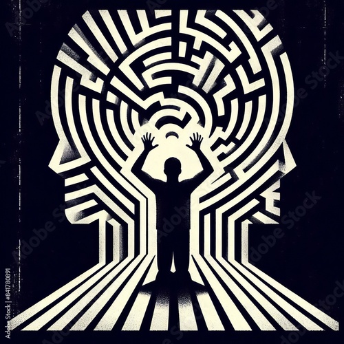 Dynamic Silhouette with Maze Pattern and Raised Hands in Retro Style, enhancing the sense of complexity and entrapment photo