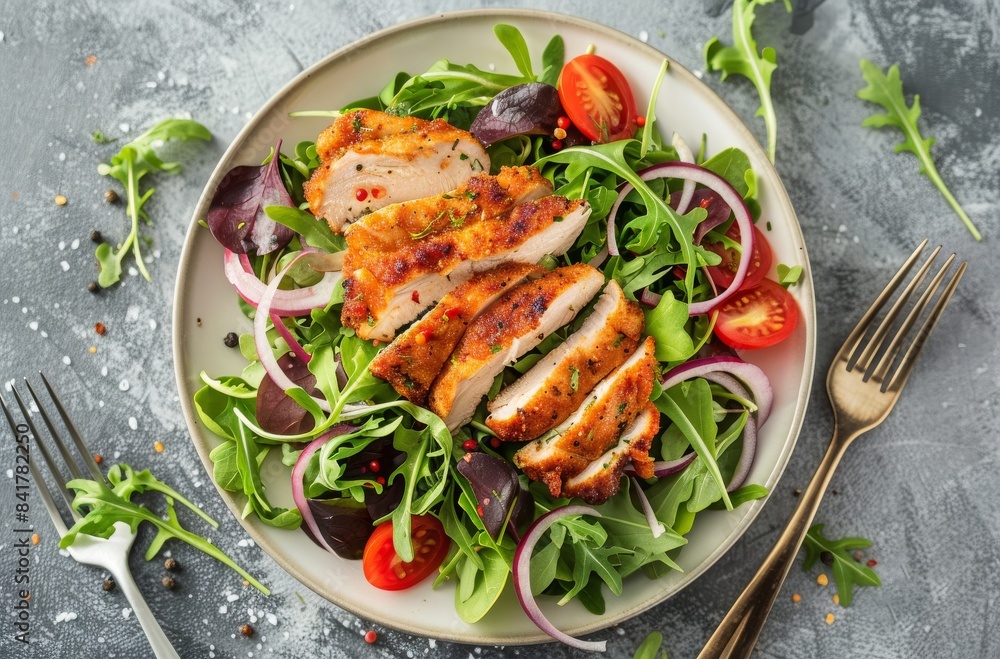 Close Up of Grilled Chicken Salad With Mixed Greens, Red Onion, and Tomatoes Close Up of Grilled Chicken Salad With Mixed Greens, Red Onion, and Tomatoes