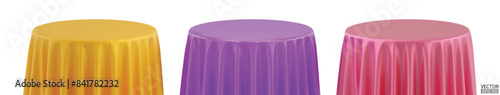 Set of yellow,purple,pink Round Table with Tablecloth Isolated on white Background. Meeting room table clothes. Tablecloths in various colors. 3D vector illustration.