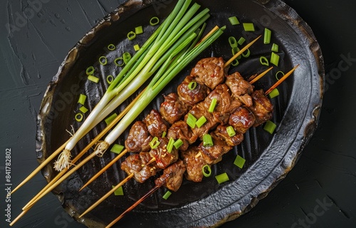 Grilled Meat Skewers With Green Onions and Cucumber Slices on Black Plate