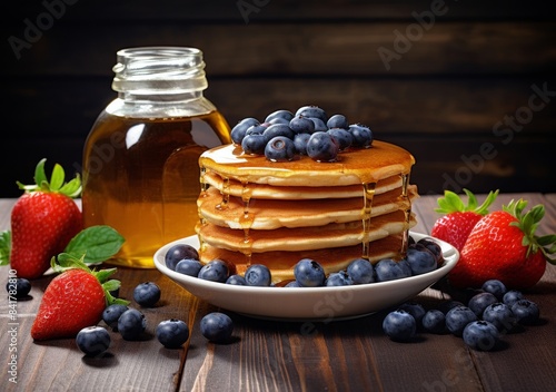 Stack of Pancakes With Fresh Berries and Syrup on Wooden Table