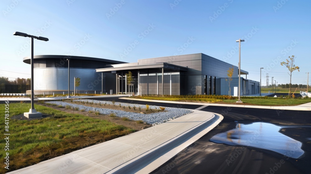 A modern public waste management facility, showcasing advanced technology and clean design in a setting of a well-maintained public service site, emphasizing public utility efficiency. A modern public waste management facility, showcasing advanced technology and clean design in a setting of a well-maintained public service site, emphasizing public utility efficiency.