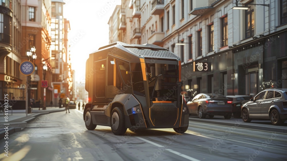 A modern waste collection vehicle with robotic arms, showcasing sleek industrial design in a bustling urban street, emphasizing efficiency and innovation. A modern waste collection vehicle with robotic arms, showcasing sleek industrial design in a bustling urban street, emphasizing efficiency and innovation.