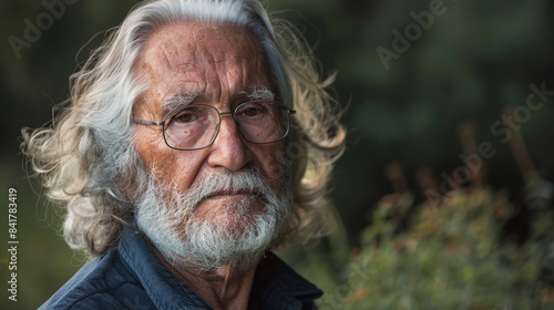 An elderly man with long gray hair and glasses gazes pensively towards the camera, surrounded by a natural green backdrop.