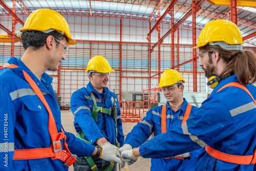 A group of construction workers wearing yellow hard hats and blue uniforms are standing in a circle with their hands joined together.