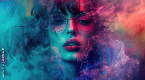 A beautiful woman surrounded by colorful smoke  a colorful paint explosion