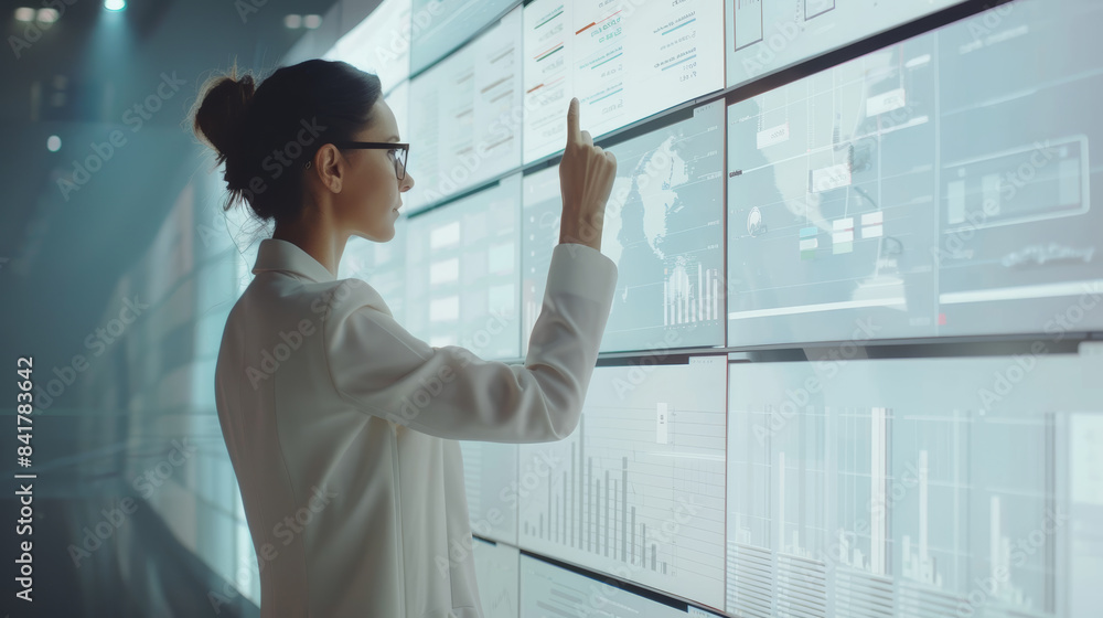 A professional woman interacts with multiple data charts on a large transparent display, signifying modern technology and data analysis in a corporate setting. A professional woman interacts with multiple data charts on a large transparent display, signifying modern technology and data analysis in a corporate setting.