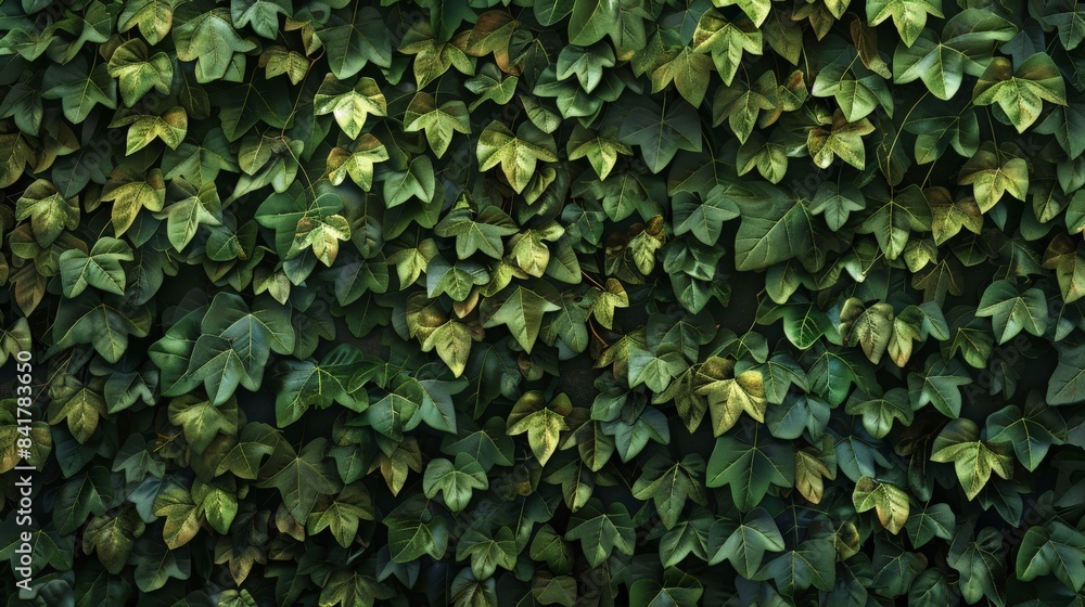 A wall covered in ivy, with leaves in various shades of green creating a dynamic texture A wall covered in ivy, with leaves in various shades of green creating a dynamic texture
