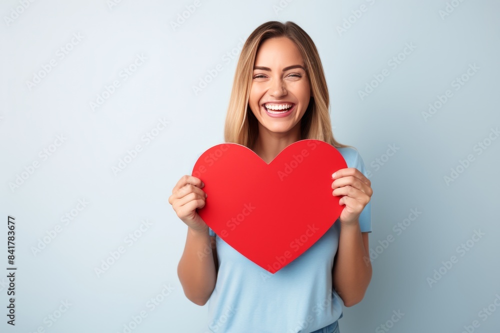 Smiling Woman Holding Red Heart Against Blue Background Smiling Woman Holding Red Heart Against Blue Background