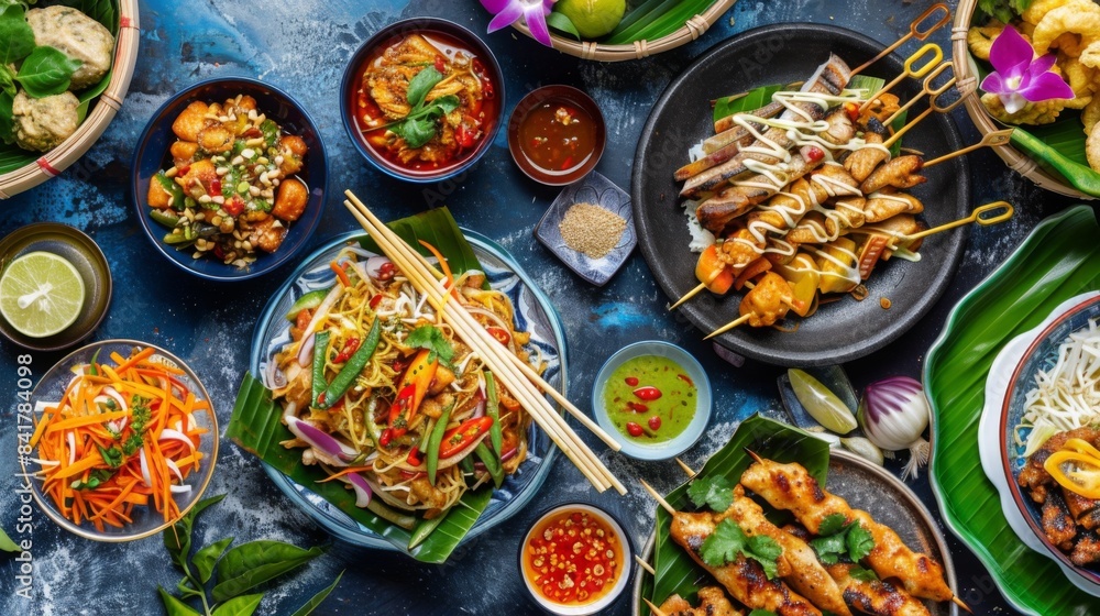 Fototapeta premium A colorful Thai food spread featuring som tam, grilled chicken, pad thai, and other popular dishes.
