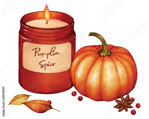 Pumpkin scented candle with pumpkin, scattered leaves and star anise watercolor elements cosy fall concept
