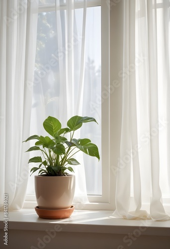 Minimalistic setting with a plant on a table  a windowsill. 