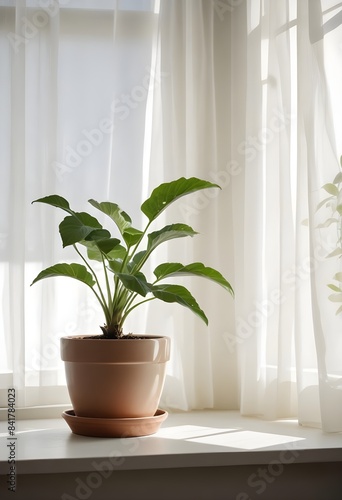 Minimalistic setting with a plant on a table, a windowsill. 