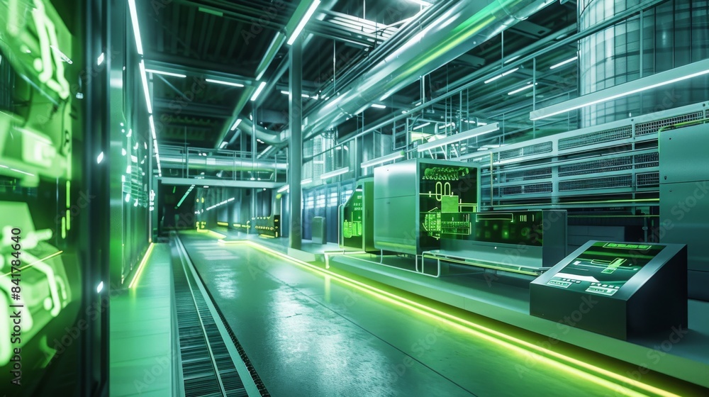 A futuristic recycling plant with holographic displays and advanced sorting technology, set in a clean, high-tech industrial space, highlighting innovation and efficiency. A futuristic recycling plant with holographic displays and advanced sorting technology, set in a clean, high-tech industrial space, highlighting innovation and efficiency.