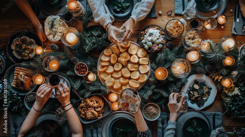 Fototapeta premium Friends celebrate at a festively decorated table in a cozy atmosphere with lots of lights and candles. Concept: New Year and Christmas holidays, family and friendly gatherings