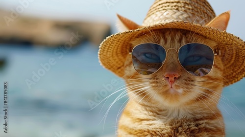 Relaxing orange tabby cat wearing straw hat and sunglasses by the sea  © but