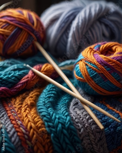 A close-up of a detailed knitting project with colorful yarn and knitting needles, placed on a cozy blanket, showcasing the intricate texture and vibrant colors of the yarn.