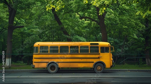 A yellow school bus parked on a street near lush green trees