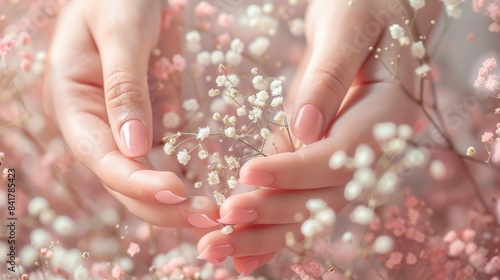 Female hands with pink nail design hold flowers generative ai