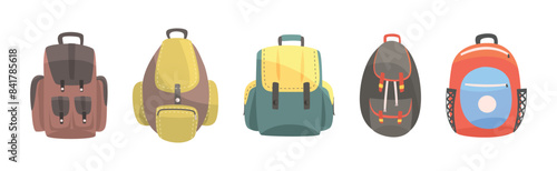 Colorful Backpack and Rucksack with Shoulder Strap Vector Set.