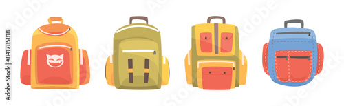 Colorful Backpack and Rucksack with Shoulder Strap Vector Set.