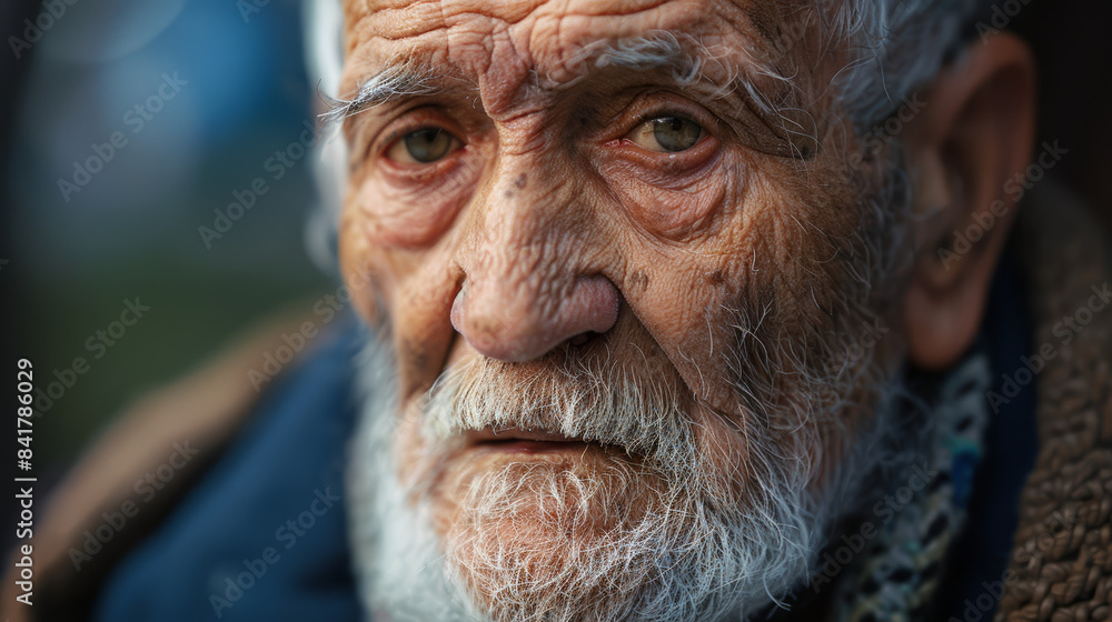 Close-up of an elderly man with a white beard and intense, thoughtful gaze. Close-up of an elderly man with a white beard and intense, thoughtful gaze.