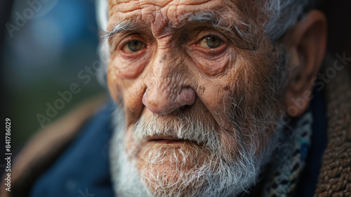 Close-up of an elderly man with a white beard and intense  thoughtful gaze.