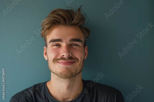 A close up portrait of a young man with a subtle smile