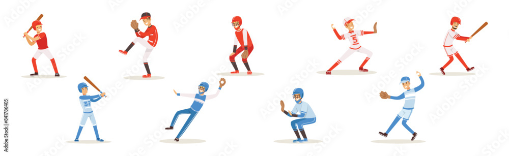 Man Baseball Player Playing Sport Game in Uniform Vector Set Man Baseball Player Playing Sport Game in Uniform Vector Set