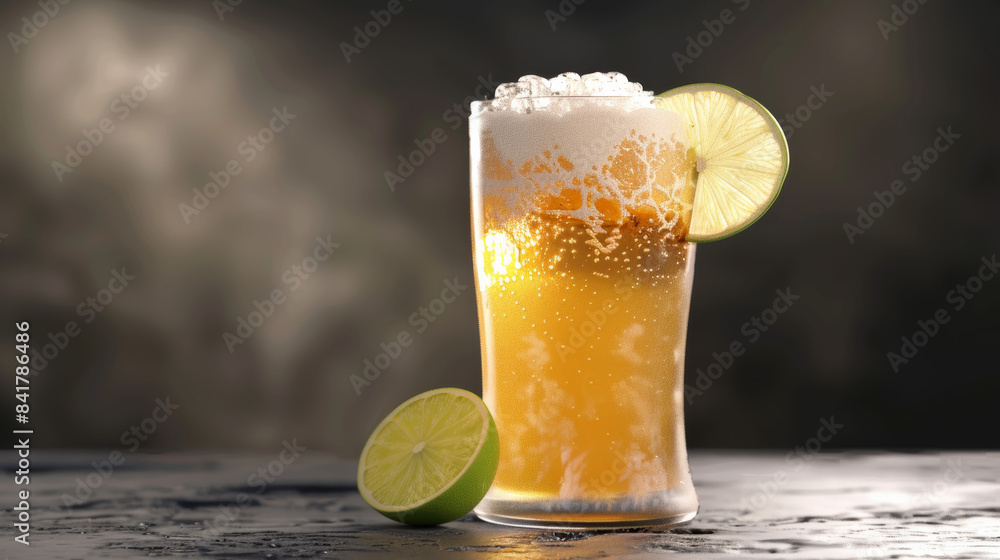 A glass of frothy beer with lime is set against a dark background, capturing the sparkling bubbles rising through the amber liquid in a close-up shot. A glass of frothy beer with lime is set against a dark background, capturing the sparkling bubbles rising through the amber liquid in a close-up shot.