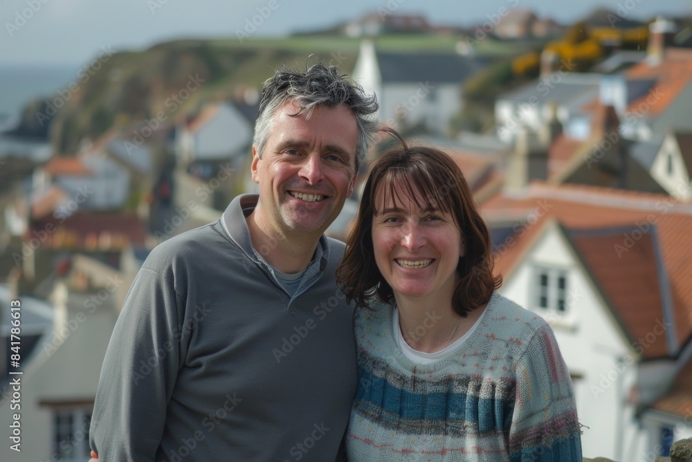 Portrait of a grinning couple in their 40s sporting a long-sleeved thermal undershirt on picturesque seaside village Portrait of a grinning couple in their 40s sporting a long-sleeved thermal undershirt on picturesque seaside village