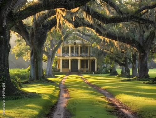 A historic southern plantation house, framed by majestic oak trees and a sunlit drive, exudes timeless charm and architectural elegance. photo